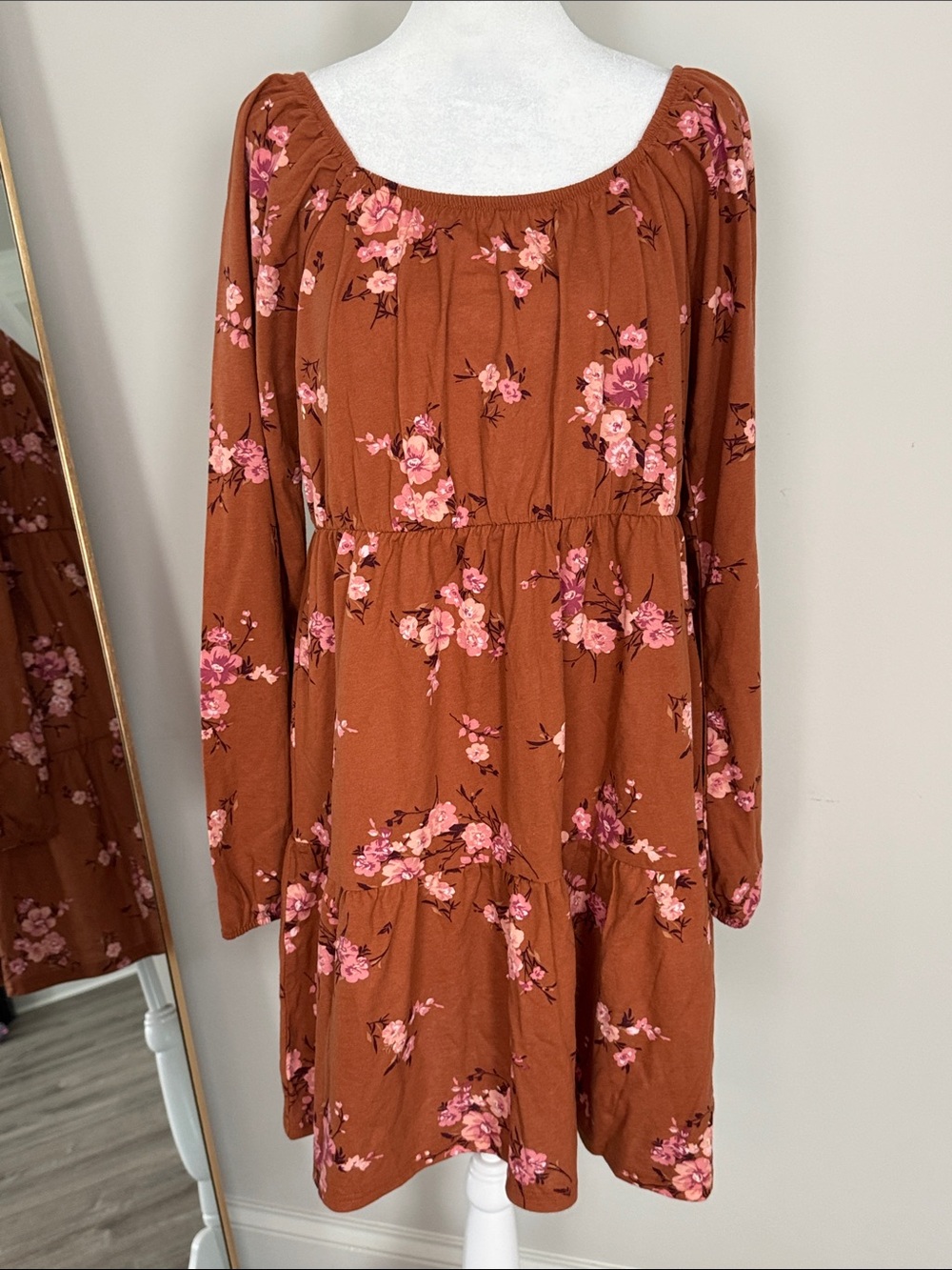 Rust Floral Long-Sleeve Tiered Peasant Dress